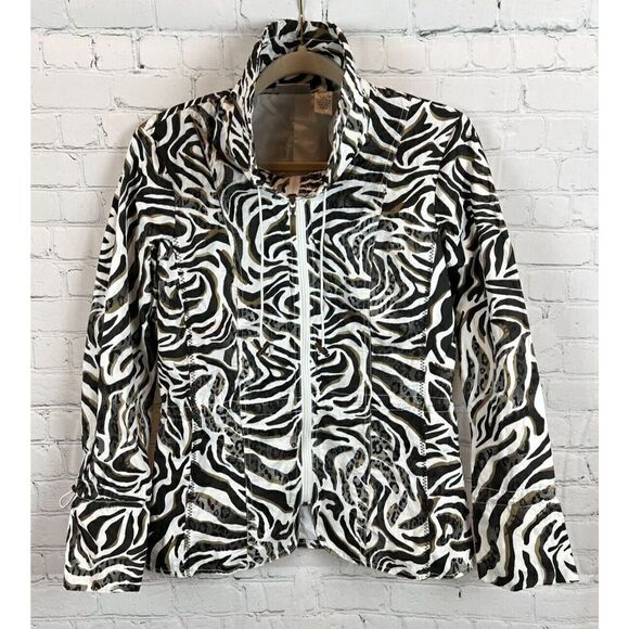 CHICO'S black white zebra animal print full zip jacket blazer rain coat 0 S NWT - Picture 1 of 8
